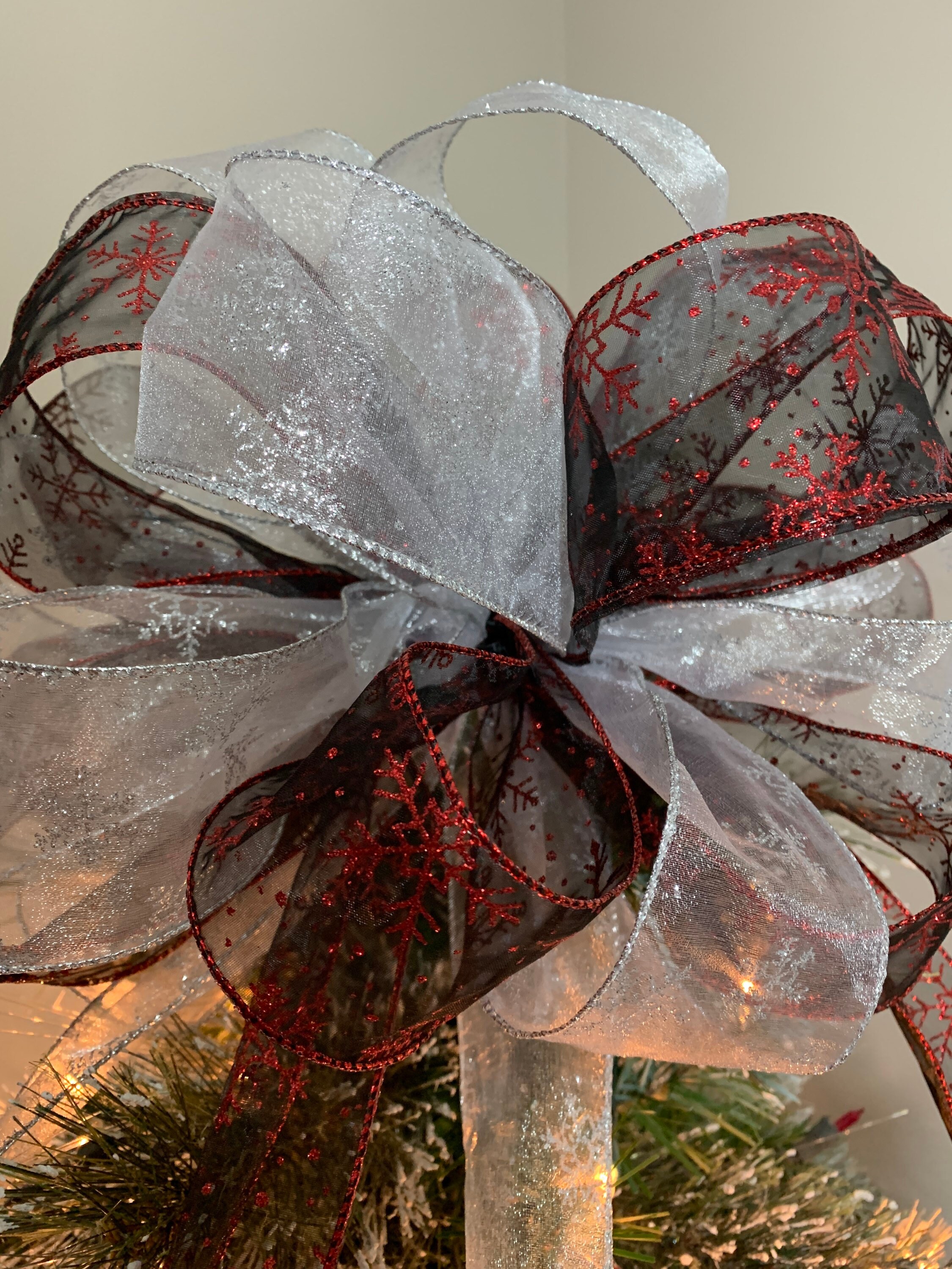 Christmas Tree Topper Bow - 48 Inch Glittered Snowflake Decor With Satin Streamers