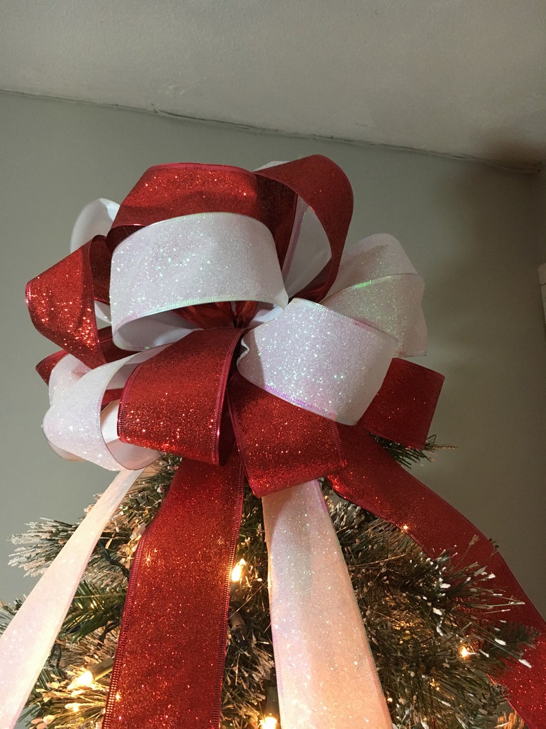 Large Christmas Tree Topper Bow Red and White Glitter Ribbons Etsy