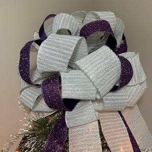 Large Christmas Tree topper bow white ribbon with shimmering silver threading ribbon and a purple glitter ribbon