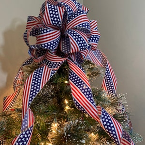 Patriotic Mailbox / small tree topper bow a red white and blue flag burlap ribbon with silver trim image 5