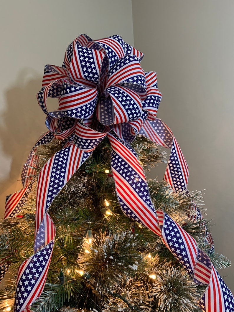 Patriotic Mailbox / small tree topper bow a red white and blue flag burlap ribbon with silver trim image 5