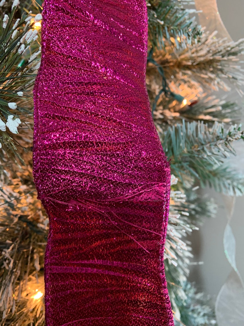 Large fuchsia and white Iridescent crinkle ribbon Christmas Tree topper bow 8ft tails image 3