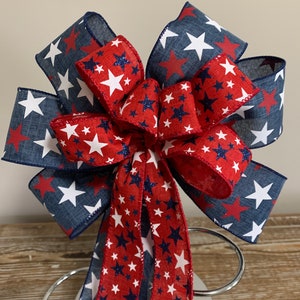 4 th of July/ Independence Day Patriotic  bow navy linen ribbon with red and white stars with a red burlap ribbon with navy and white stars