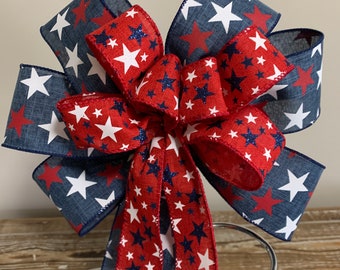 4 th of July/ Independence Day Patriotic  bow navy linen ribbon with red and white stars with a red burlap ribbon with navy and white stars
