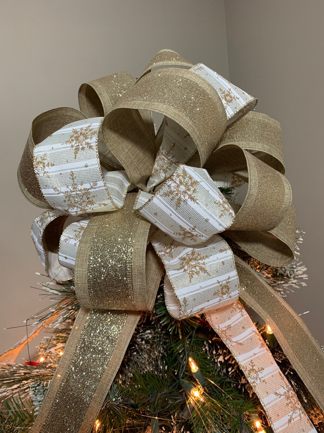 Lg Xmas Tree Topper Bow off White Ribbon W/champagne Gold Glitter ...