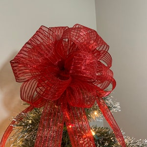 Large Sheer Red with Red glitter stripes ribbon Christmas Tree topper bow