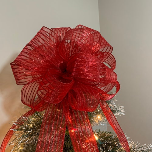 Large Christmas Tree Topper Bow Red and Gold Glitter Ribbons Etsy