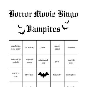 Tarjetas de Bingo de Películas de Terror - Edición Vampiro. Juego de fiesta con impresión metalizada, perfecto para Halloween.