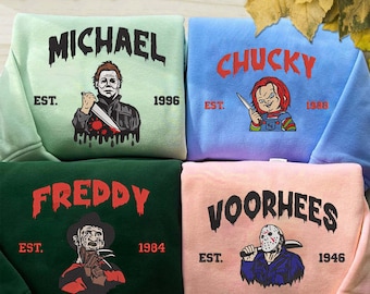 Halloween Film Besticktes Sweatshirt, Serienmörder Bestickter Rundhalsausschnitt, Horrorfilm Charaktere Besticktes Hemd ESS361-368.H.C