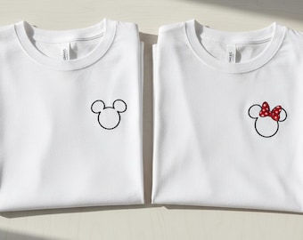 Embroidered Minnie Mickey Outline Matching T-Shirts, Disney Couple Anniversary Shirt, Minimalist Park Trip Tee Gift