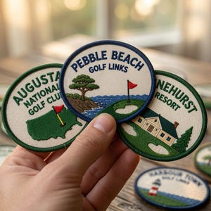 Może przedstawiać: Trzy okrągłe haftowane naszywki z motywami pól golfowych. Jedna naszywka przedstawia Pebble Beach Golf Links z drzewem i flagą, druga Augusta National Golf Club z mapą, a trzecia Pinehurst Resort z budynkiem klubu golfowego.