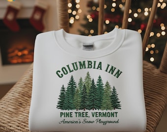 Felpa ricamata Columbia Inn Pine Tree Vermont, maglietta ricamata Always a White Christmas, regalo per gli appassionati di film di Natale ESS818