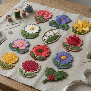 May include: A collection of twelve embroidered flower patches featuring various species including a red rose, yellow daffodil, daisy, and lily of the valley. Sewing supplies are arranged around the patches, including wooden thread spools, metal needles, silver scissors, a thimble, and a white measuring tape.