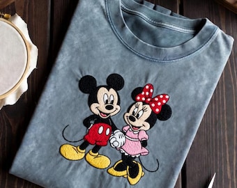Besticktes Mickey Minnie Shirt, Vintage Acid Wash T-Shirt, Magic Kingdom Paar besticktes Tshirt, Retro Komfort Farben Ästhetischer Park Bekleidung