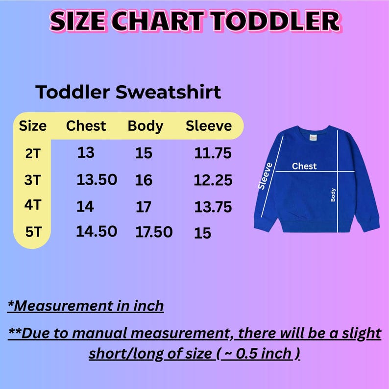 Pu&ograve; includere: Tabella delle taglie delle felpe per bambini piccoli in blu. Le misure sono in pollici. La tabella include le taglie da 2T a 5T, con misure di petto, corpo e maniche. Il testo "SIZE CHART TODDLER" &egrave; in alto.
