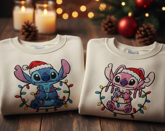 Embroidered Stitch And Angel Christmas Sweatshirts, Disney Couple Matching Holiday Shirt, Cute Stitch Santa Lights Crewneck ESS965-966.H.C