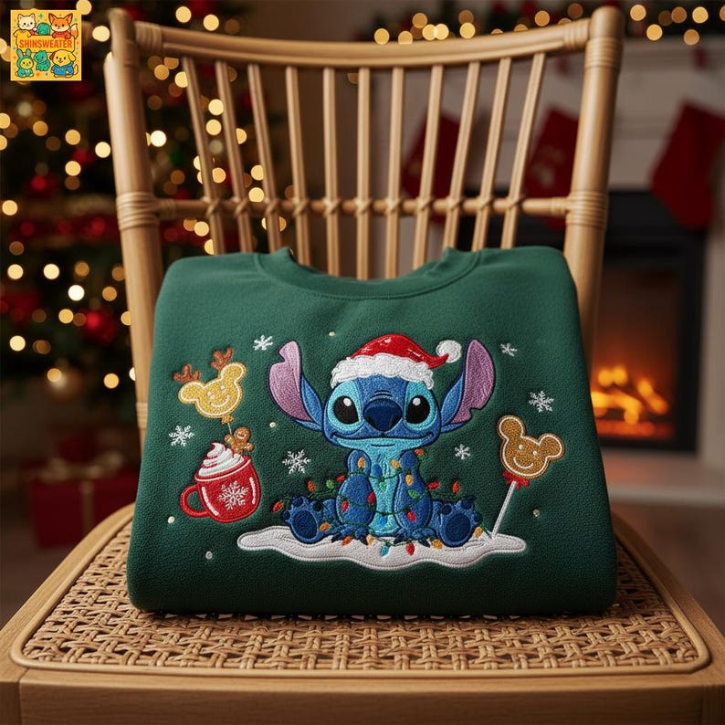 May include: A dark green sweatshirt featuring an embroidered image of Stitch wearing a Santa hat and Christmas lights. The design includes snowflakes, a reindeer cookie, and a cup of hot cocoa. The sweatshirt is displayed on a wooden chair.