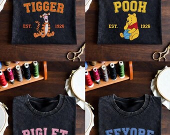 Besticktes Pooh und Freunde Shirt, Vintage Acid Wash T-Shirt, Retro Tigger Piglet Eeyore Besticktes T-Shirt, Komfort Farben Ästhetische Kleidung
