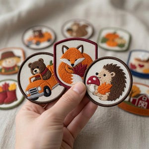 May include: A collection of embroidered fabric patches featuring autumn themes. Three patches are held in the foreground: a brown bear in an orange truck, a fox with a red leaf, and a hedgehog with a mushroom and leaf. Other patches show pumpkins, a scarecrow, and a barn.