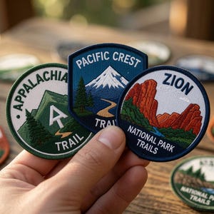 Op de afbeelding: Drie cirkelvormige en schildvormige geborduurde patches met landschappen. De patches tonen de tekst Appalachian Trail, Pacific Crest Trail en Zion National Park Trails met gedetailleerde afbeeldingen van bergen, bomen en rivieren.
