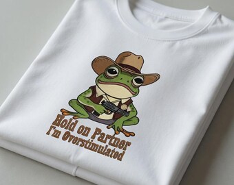 Gesticktes Frosch Cowboy Shirt, festhalten Partner überreizt gesticktes T-Shirt, lustiges ästhetisches Frosch Top, trendige Tierstickerei, Geschenk
