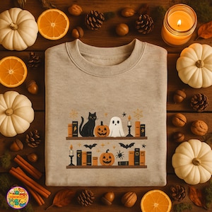 Halloween Black Cat Embroidered Sweatshirt, Cat Pumpkin Book Embroidery Shirt, Happy Haunting, Autumn Spooky Season, Cat Lover Gift ESS347