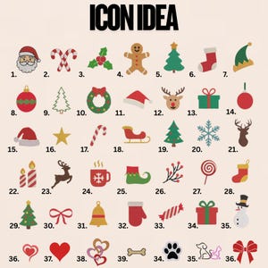 Pu&ograve; includere: Una collezione di icone a tema natalizio, tra cui Babbo Natale, bastoncini di zucchero, un omino di pan di zenzero, alberi di Natale, ornamenti e un pupazzo di neve. Il testo "ICON IDEA" &egrave; in alto.