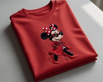 Besticktes Minnie-Maus-Shirt, stilvolle rote Mode Minnie besticktes T-Shirt, trendige Charakterstickerei, ästhetisches Minnie-Oberteil, Geschenk für sie