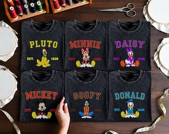 Besticktes Mickey und Friend Shirt, Vintage Acid Wash T-Shirt, Retro Minnie Donald Daisy Pluto Goofy Besticktes Tshirt, Aesthetic Park Bekleidung