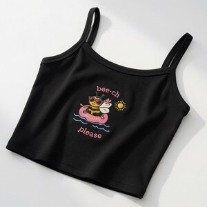 Bee-ch Please Embroidered Tank Top, Cute Bee Pool Float Black Cami, Y2K Spaghetti Strap Crop Top, Funny Summer Gift for Her