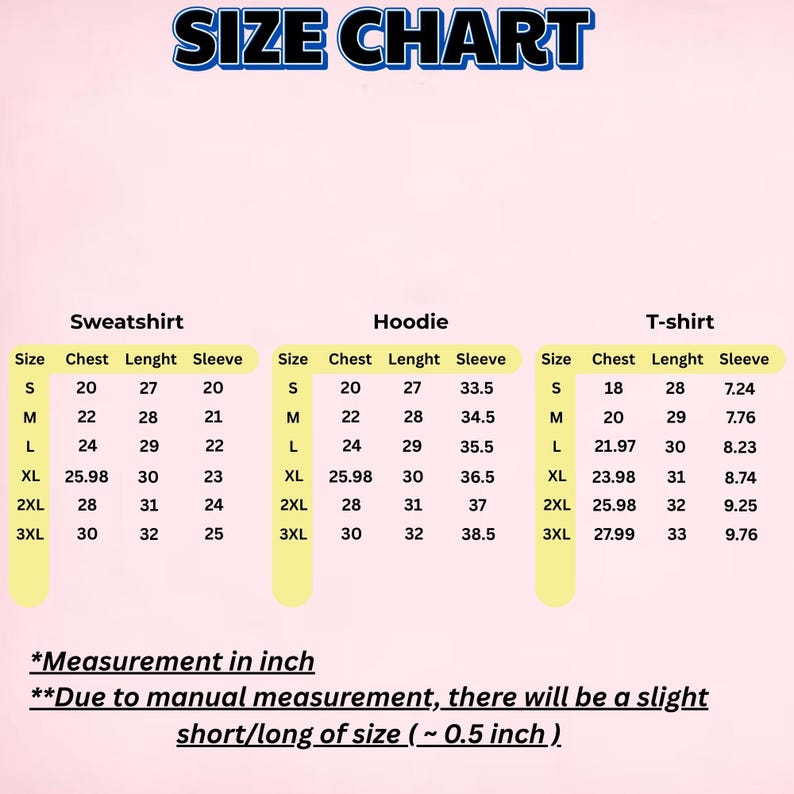 Pu&ograve; includere: Una tabella delle taglie per felpe, felpe con cappuccio e t-shirt, con misure in pollici. La tabella include le dimensioni del petto, della lunghezza e delle maniche per le taglie dalla S alla 3XL. Il testo "SIZE CHART" &egrave; in alto.