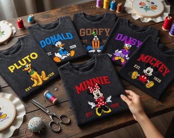 Besticktes Mickey und Friend Shirt, Vintage Acid Wash T-Shirt, Retro Minnie Donald Daisy Pluto Goofy Besticktes Tshirt, Aesthetic Park Bekleidung