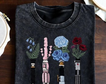 Embroidered Galactic Flower Shirt, Vintage Acid Wash Tee, Lightsaber Bouquet Embroidered T-shirt, Retro Comfort Colors Aesthetic Sci-Fi Top