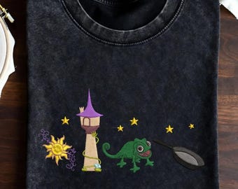 Besticktes Princess Tower Shirt, Vintage Acid Wash T-Shirt, Magic Sun Pascal Besticktes T-Shirt, Retro Comfort Colors Aesthetic Fairytale Top