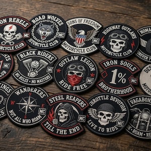 May include: A collection of circular embroidered motorcycle club patches featuring various designs including skulls, eagles, crowns, compasses, and demons. Each patch displays specific text such as Iron Rebels, Road Wolves, and Outlaw Legion.