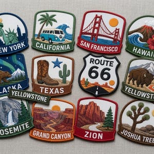May include: A collection of twelve embroidered patches featuring various United States landmarks and states, including New York, California, San Francisco, Hawaii, Alaska, Texas, Route 66, Yellowstone, Yosemite, Grand Canyon, Zion, and Joshua Tree.