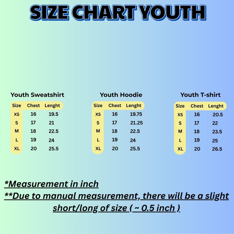 Pu&ograve; includere: Tabella delle taglie per abbigliamento per bambini, tra cui felpe, felpe con cappuccio e t-shirt. La tabella elenca le taglie XS-XL, con misure di petto e lunghezza in pollici. Le misure possono variare leggermente.