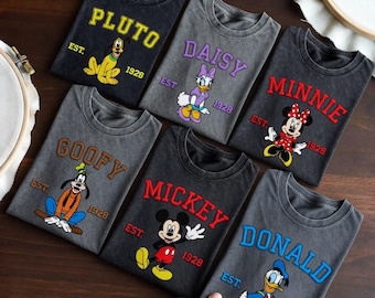 Besticktes Mickey und Friend Shirt, Vintage Acid Wash T-Shirt, Retro Minnie Donald Daisy Pluto Goofy Besticktes Tshirt, Aesthetic Park Bekleidung