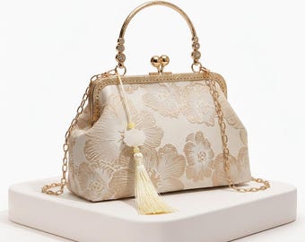 Sac à main femme beige chic – Sac bandoulière élégant à motifs floraux dorés – Sac Talyya avec intérieur noir raffiné – Accessoire mode BCBG