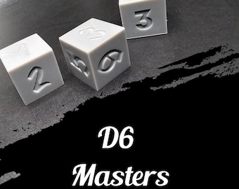 May include: Three gray D6 dice with engraved numbers and symbols, including the numbers 2 and 3. The dice are arranged on a dark surface, with the text "D6 Masters" in white below.