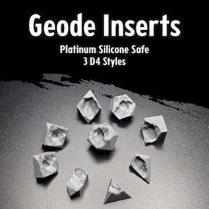 May include: A collection of gray, geode-shaped inserts. The text "Geode Inserts" is at the top, with "Platinum Silicone Safe" and "3 D4 Styles" below. The inserts have a textured, crystalline interior.
