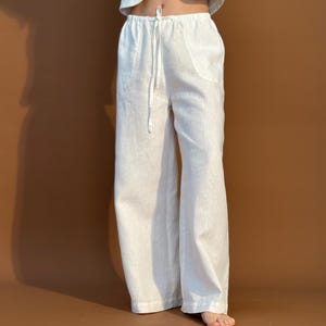 Linen Wide Leg Pants Loose Mid Rise Pants Drawstring Trousers with Pockets Flowy Vacation Pants Elastic Waisted Stretch Palazzo Pants Natial