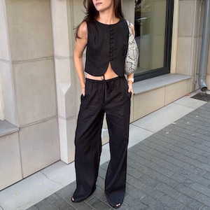 Linen Two Piece Set Women, Wide Leg Pants Crop Top, Linen Vest Loose Pants with Pockets, Button Top Loose Trousers, Organic Minimalist Set