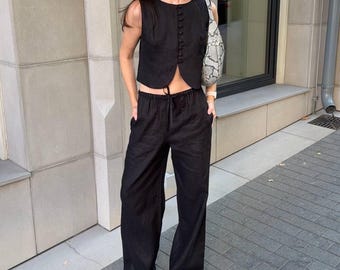 Black Linen Vest and Wide Leg Pants Set, Summer Matching Outfit