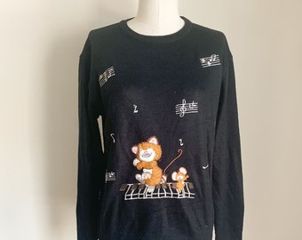 Vintage 1970s Musical Cat Novelty Sweater / M