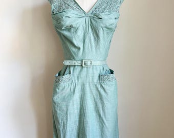 Vintage 1940s Teal Chambray Dress / XS