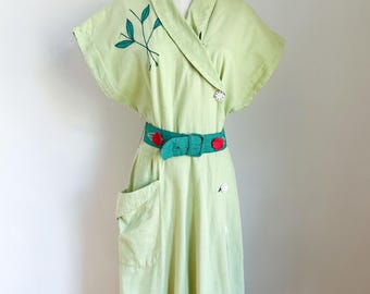 Vintage 1940s Lime Floral Asymmetrical Wrap Dress / M