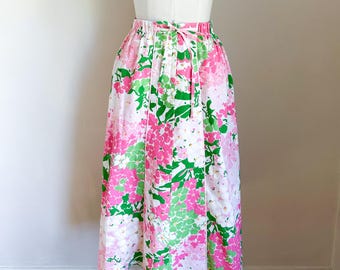 Vintage 1970s Pink & Green Floral Skirt / M