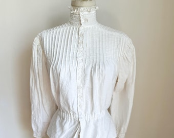 Edwardian Antique High Neck Cotton Blouse / L