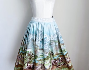 Falda vintage con estampado novedoso de John Wolf, años 50, talla XS